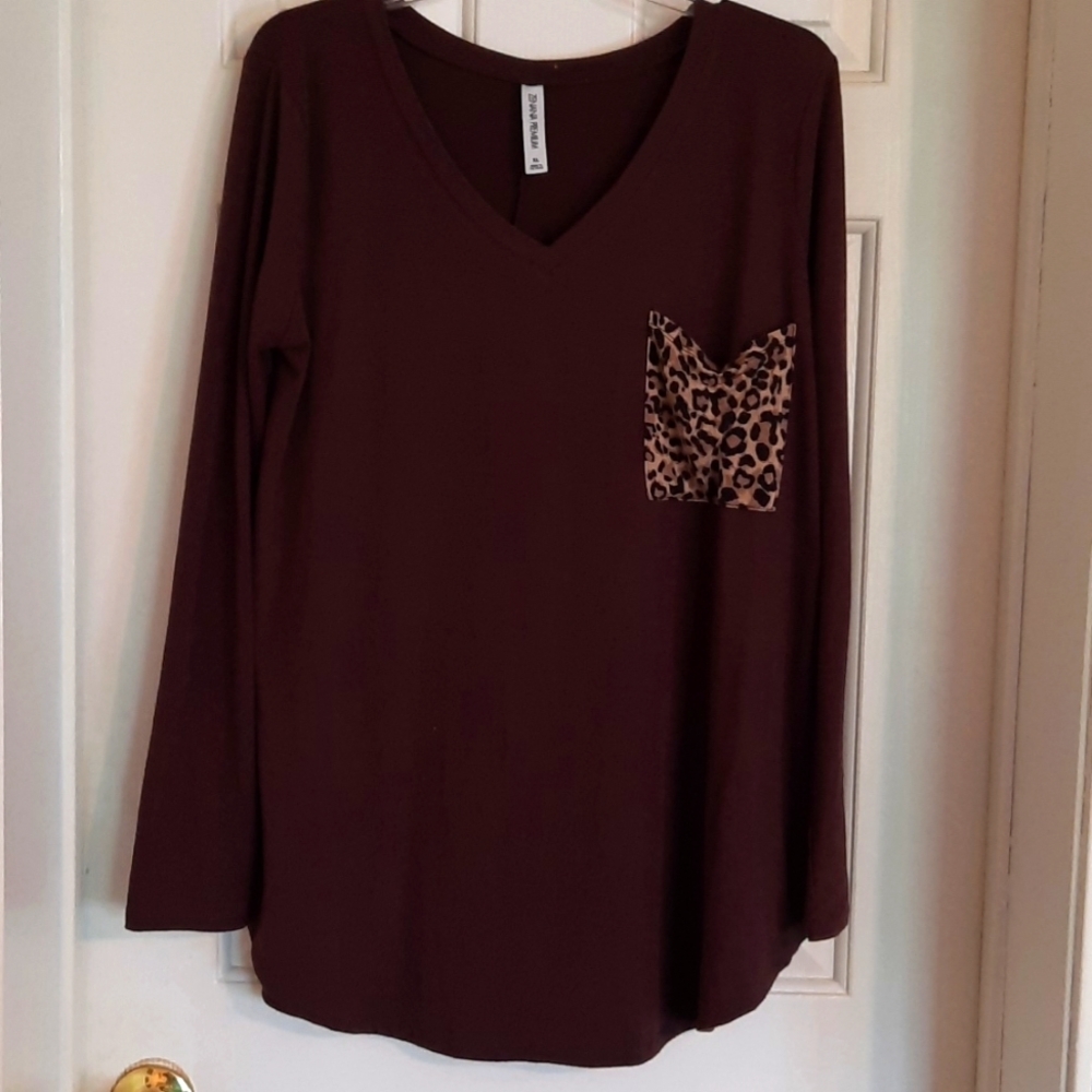 Brown long sleeve with leopard pocket boho Blouse zenana premium